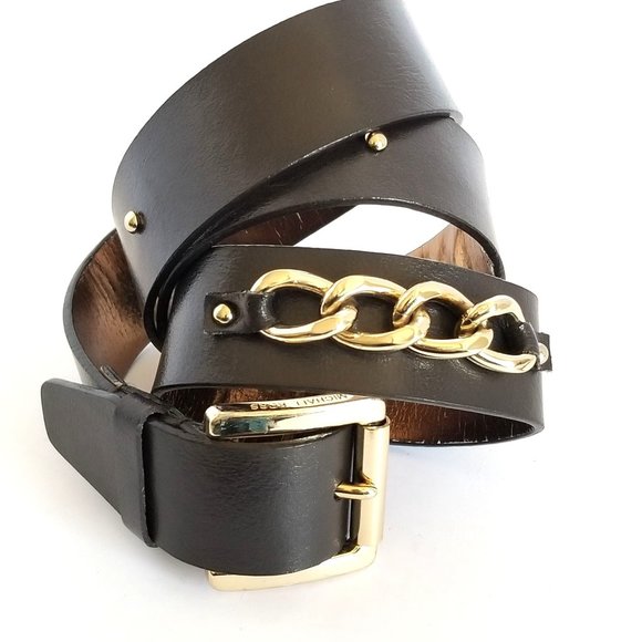 MICHAEL‎ KORS XL LEATHER BELT《755》gold chain detail buckle brown plus size - Picture 1 of 9